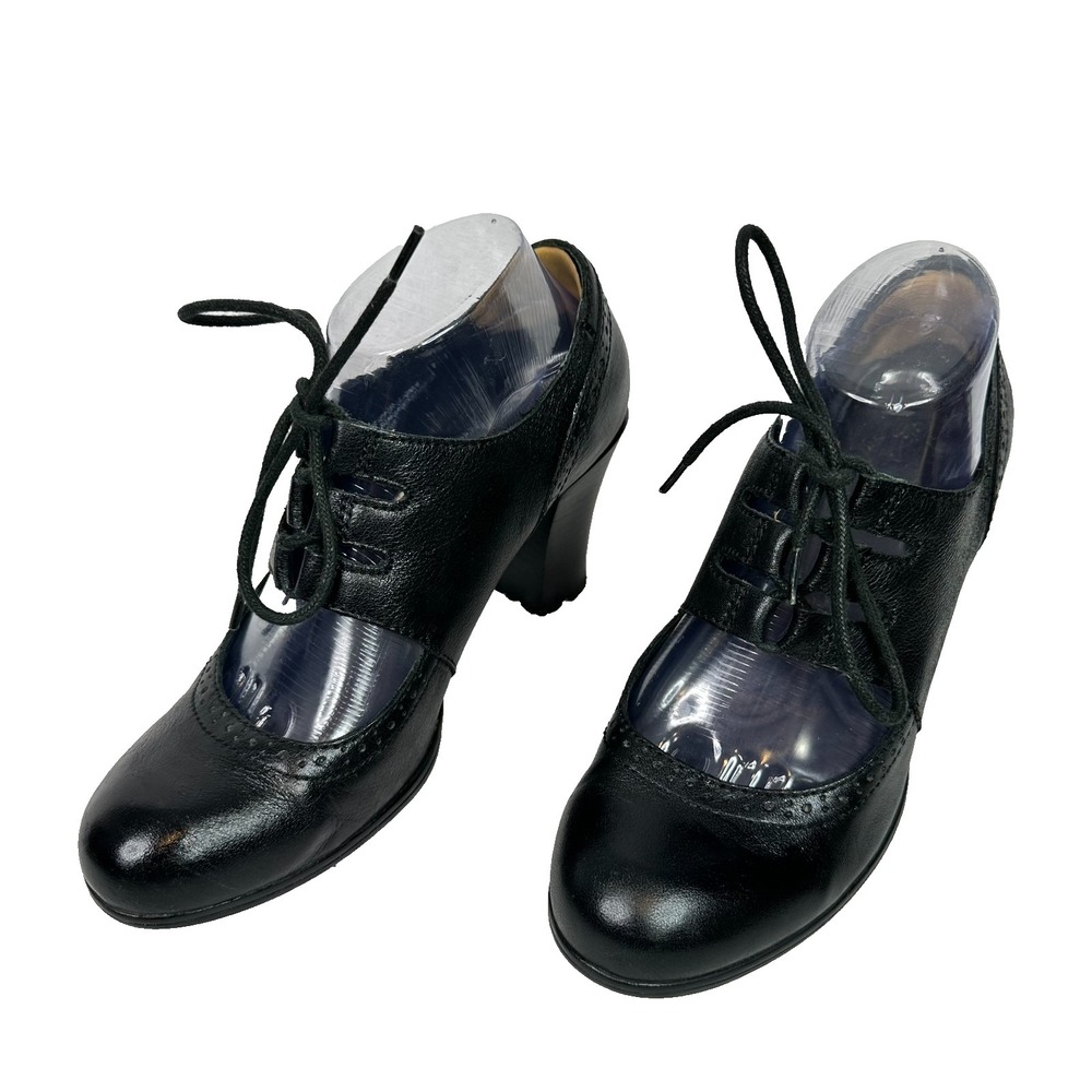 Bรธrn Black Leather Lace Up Oxford Heels Size 8 Comfort Block Heel Brogue Pumpsโ